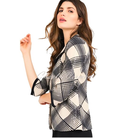 Joseph Ribkoff Stunning Tan Black Plaid Subtle Sequin Jacket 3/4 Sleeve Size L - Picture 5 of 13
